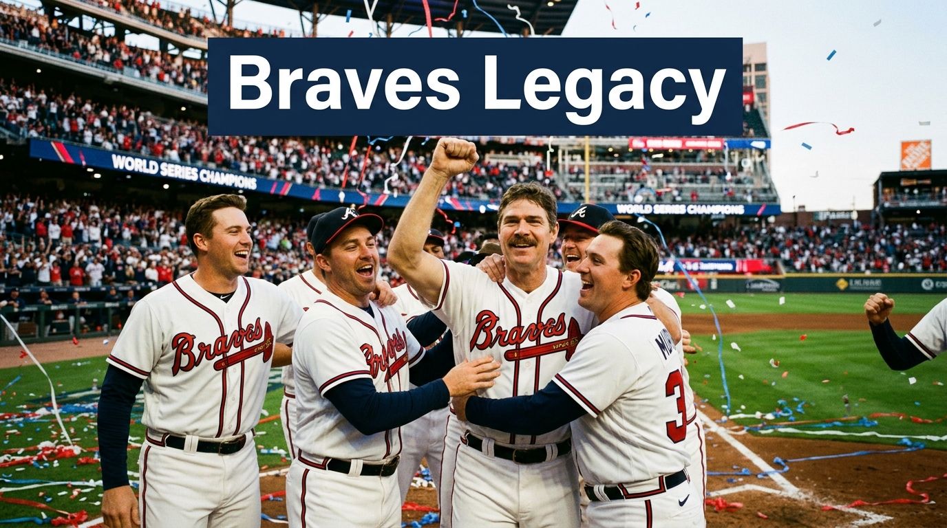 Atlanta Braves baseball players celebrate on the field during the World Series championship victory celebration.