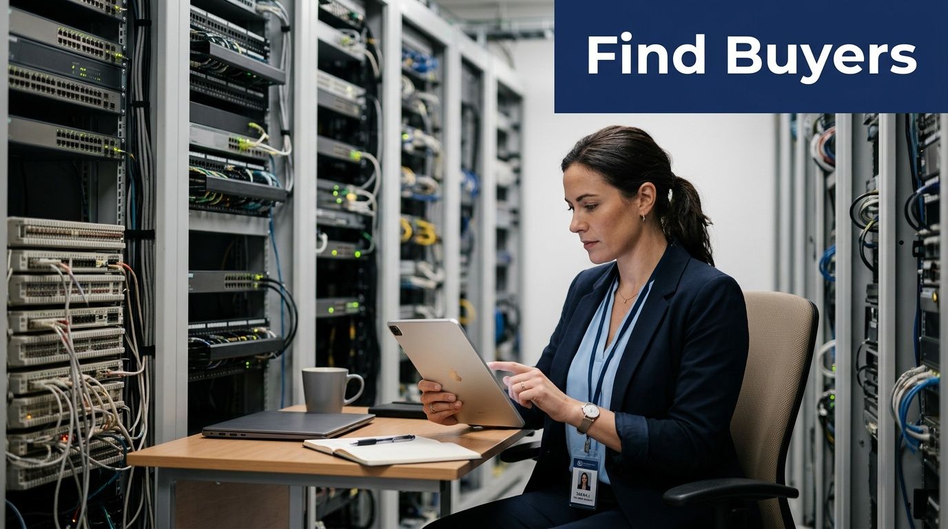 A professional woman uses a tablet in a data center with server racks for telecom infrastructure.