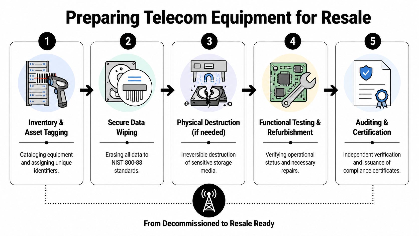 A five-step process diagram illustrating how to prepare decommissioned telecom equipment for resale and certification.