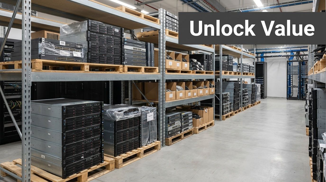 Rows of enterprise server racks and network switches stored on wooden pallets in a large warehouse facility.