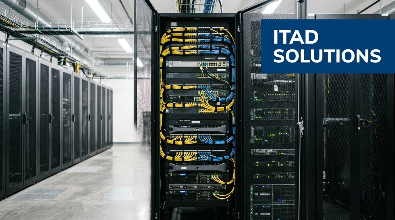 Open server rack in a modern data center with organized yellow and blue network cables.